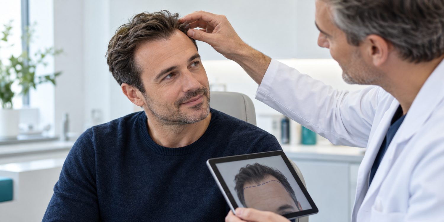 Arzt bespricht mit einem Patienten die neue Haarlinie (Symbolbild)